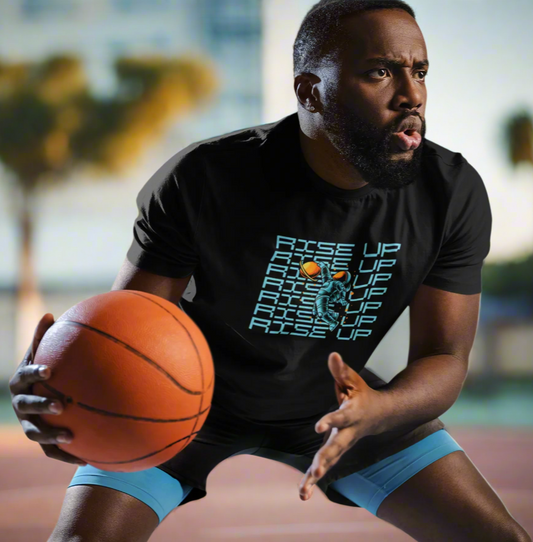 Man holding a basketball on an outdoor court with palm trees in the background
