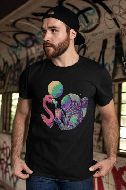 Cosmic Sip: Flamingo and Astronaut Mens Shirt