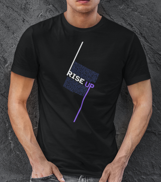 Person wearing a black t-shirt with 'RISE UP' design against a dark textured background