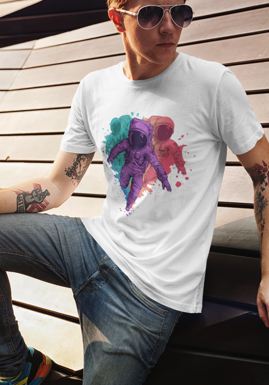 Person wearing a white t-shirt with colorful astronaut graphic sitting on a wooden bench.