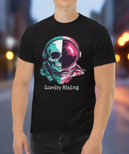 Person wearing a black t-shirt with a colorful skull design and 'Gravity Rising' text on a white background